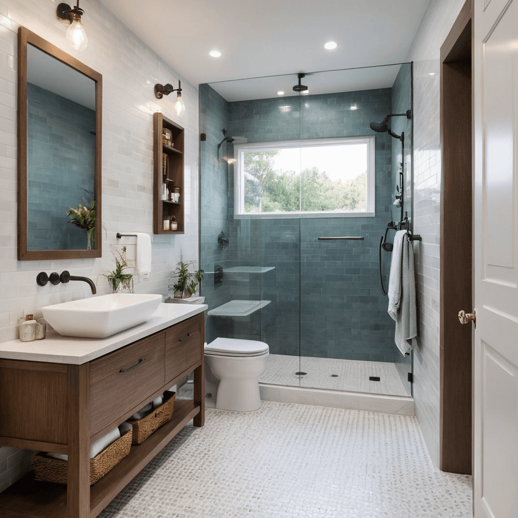 a bathroom with a glass shower and sink