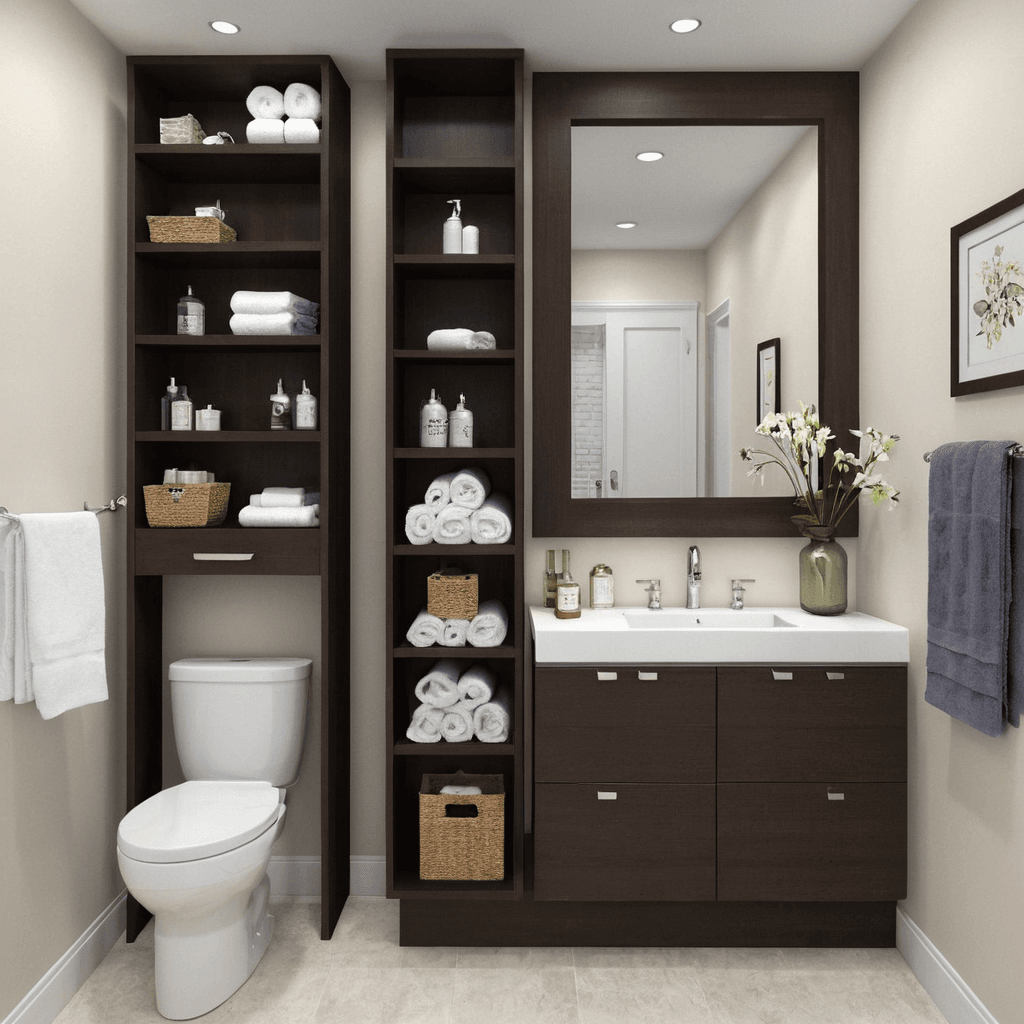 a bathroom with shelves and a mirror