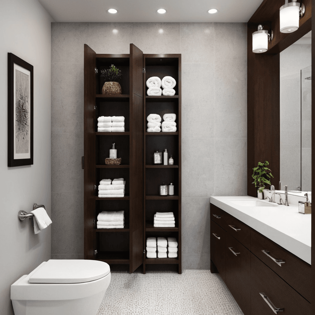 a bathroom with a toilet and shelves