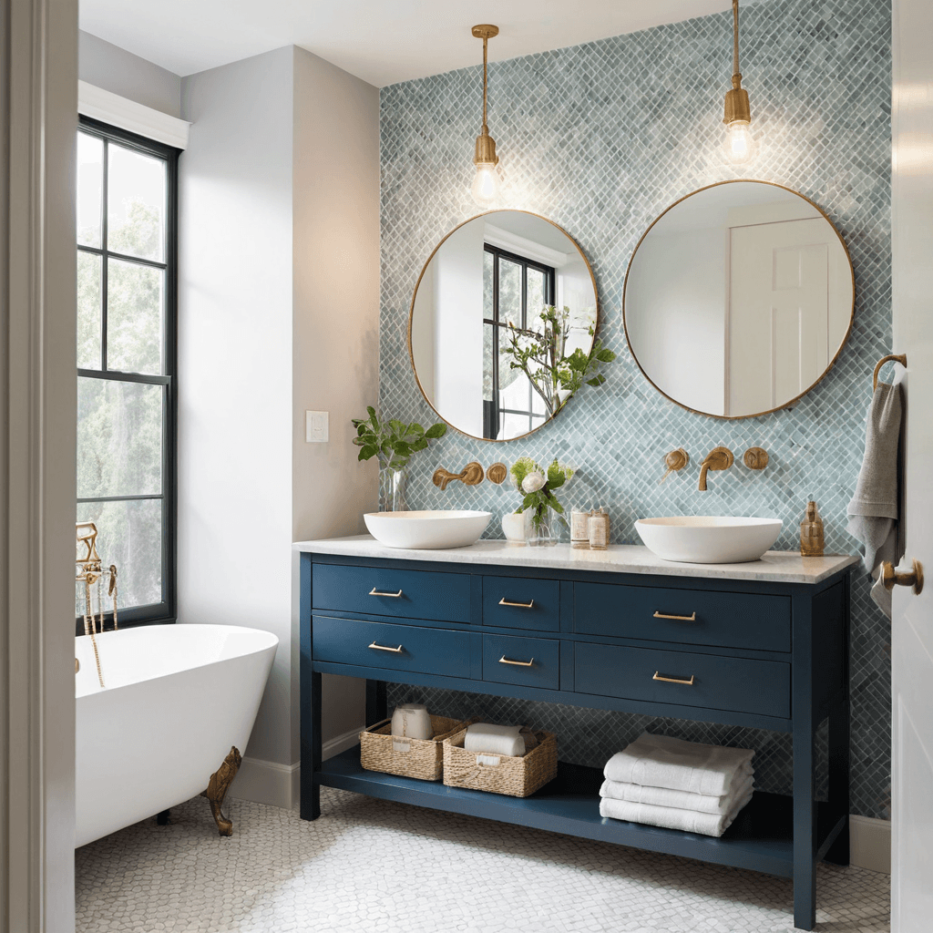 a bathroom with a blue vanity and a bathtub