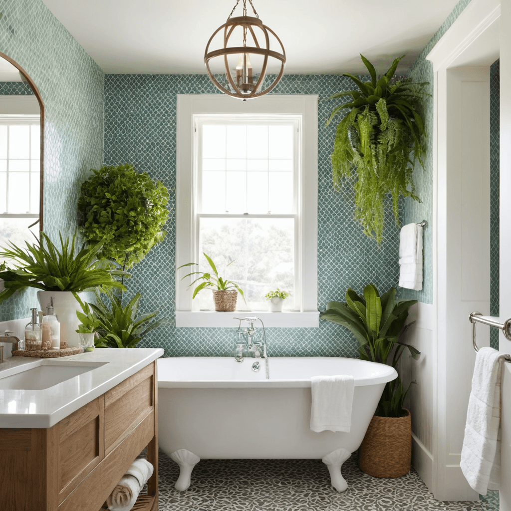 a bathroom with a tub and plants