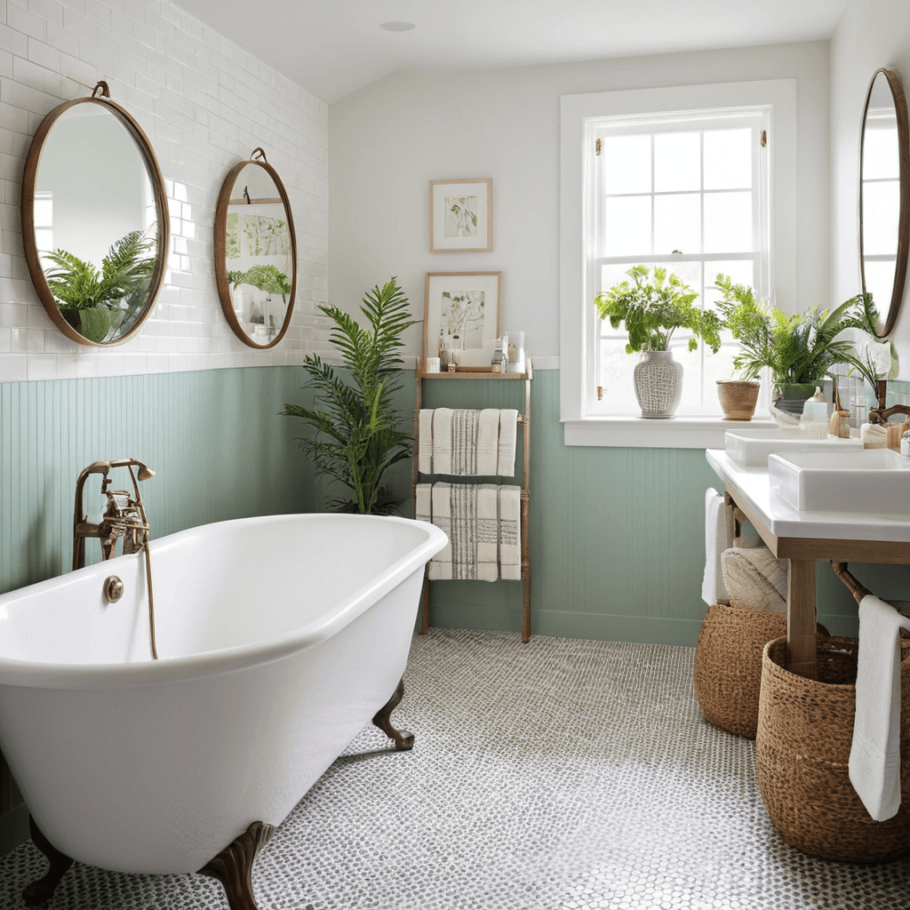 a bathroom with a tub and mirrors