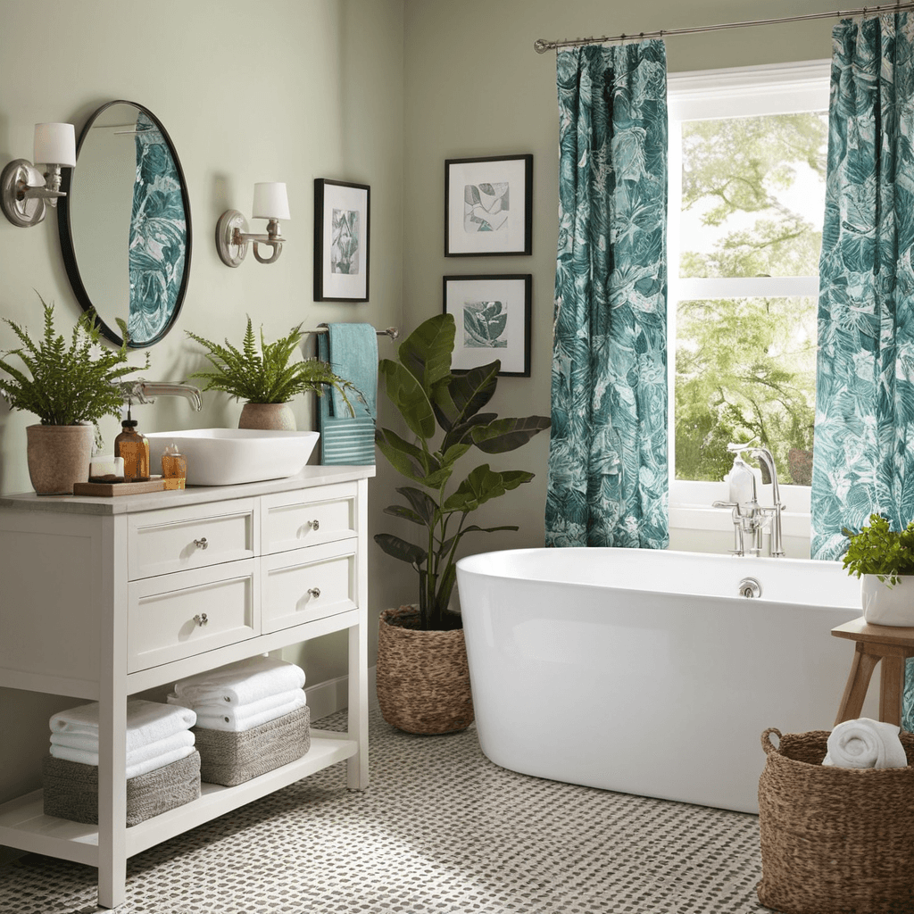 a bathroom with a tub and sink and plants